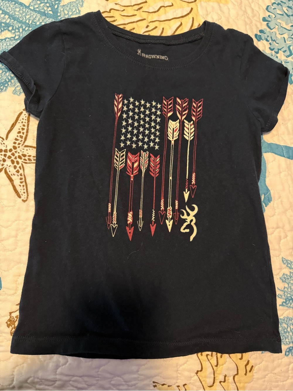 Browning Navy Tee with Red and Cream Arrow Flag Graphic